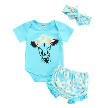 New Baby Daisy Print Clothes Set, Girls Short Sleeve O-neck Romper + Shorts with Ruffles + Bow-knot Лента за глава