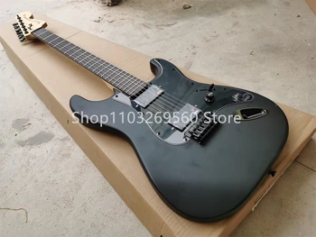 Матова черна 6-струнна електрическа китара, голяма глава кленов врат, гриф от палисандрово дърво без инкрустация, черен обков