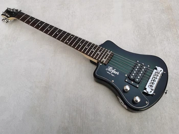 Персонализирана лява ръка Hoffner малка китара за пътуване преносима мини електрическа китара, (тъмно зелено / металик червено / металик синьо)