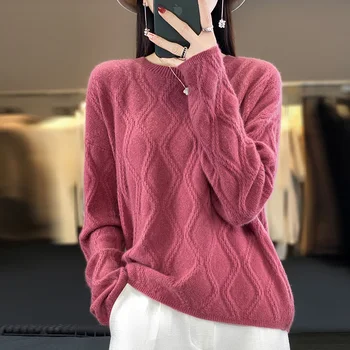 2023 Нови 100% чиста вълна Дамски плетен пуловер Есен О-образно деколте кашмир пуловери Зимни дълги ръкави топли върхове женски пуловер червен