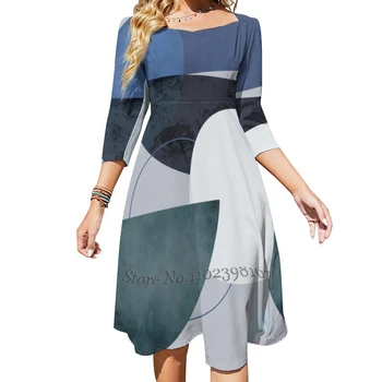 Графичен 184 Рокля с квадратно деколте Сладки рокли със свободен печат Елегантна рокля за плажно парти Абстрактна графика Органичен минималистичен минимализъм
