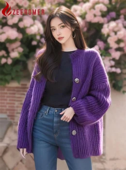 2024 Пролет корейски елегантен лилаво хлабав трикотажни жилетка жени O-образно деколте дълъг ръкав еднореден дебел топъл случаен пуловер палто