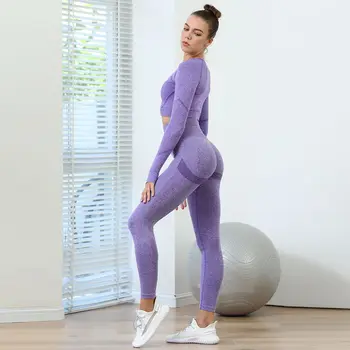 Фитнес панталони дамски голям фитнес комплект от две части, плътен цвят дълъг ръкав висока талия хип повдигане хризантема йога панталони