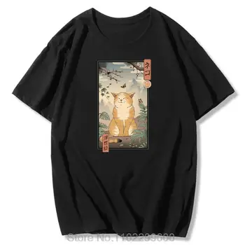 Катана T Shirt Мъже Японска мода Върховете Лято извънгабаритни нинджа къс ръкав котка печат памук O-образно деколте хип-хоп Harajuku
