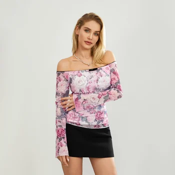 Off-Shoulder основна тениска случайни пуловер жени цветен печат дълъг ръкав кроп върховете за есенен клуб Streetwear естетически дрехи