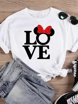 Дисни мода любов писмо лък тенденция жени карикатура печат облекло Мики Маус тениска случайни графични къс ръкав тениски
