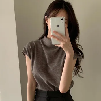 Simple Gentle Grey Half Turtle T-shirt Short Sleeve Top Slim Crop Y2k Clothes Pink Shirts for Women Knit Tee Ropa De Mujer