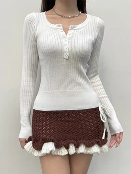 Дамски V-образно деколте ребро плетени върхове плътен цвят копчета дълъг ръкав пуловер модни ризи есен зима тънък годни тениски Улично облекло