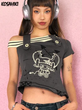 Off рамо секси реколта печат тениски лято Y2k естетически бутон тениски жени тънък Harajuku Streetwear гръндж изрязани отгоре