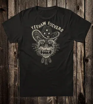 Ретро татуировка Tee T риза 100% памук черна котка Yeehaw Biker Chopper Western
