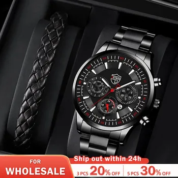 Модни мъжки часовници бизнес неръждаема стомана кварц китката часовник мъжки случайни дата светеща кожа гривна часовник