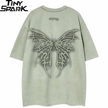 Мъже ретро реколта велур тениска Streetwear пеперуда графичен тениска Harajuku 2023 T риза хип-хоп спокойна върховете Tees зелен черен
